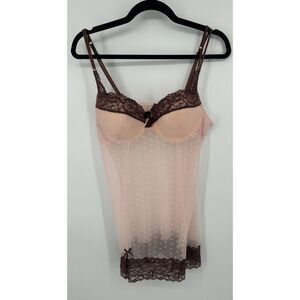 Y2K Just Sexy Lingerie Babydoll Sheer Lace Swiss Dot Pink Brown slip dress L